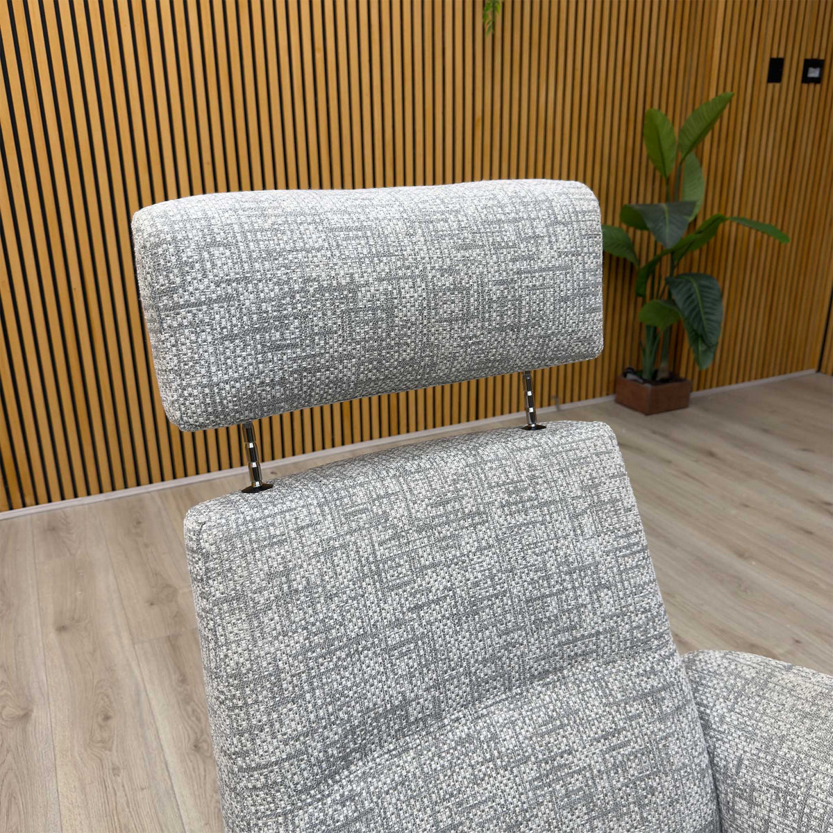 G Plan 'Varde' B030 Remco Light Grey Fabric Dark Wood Trim Power Recliner Swivel Chair with Power Headrest