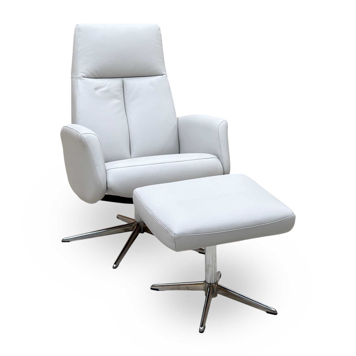 G Plan 'Vaasa' H006 Oxford Light Grey Leather Swivel Recliner Chair and Footstool with Chrome Base