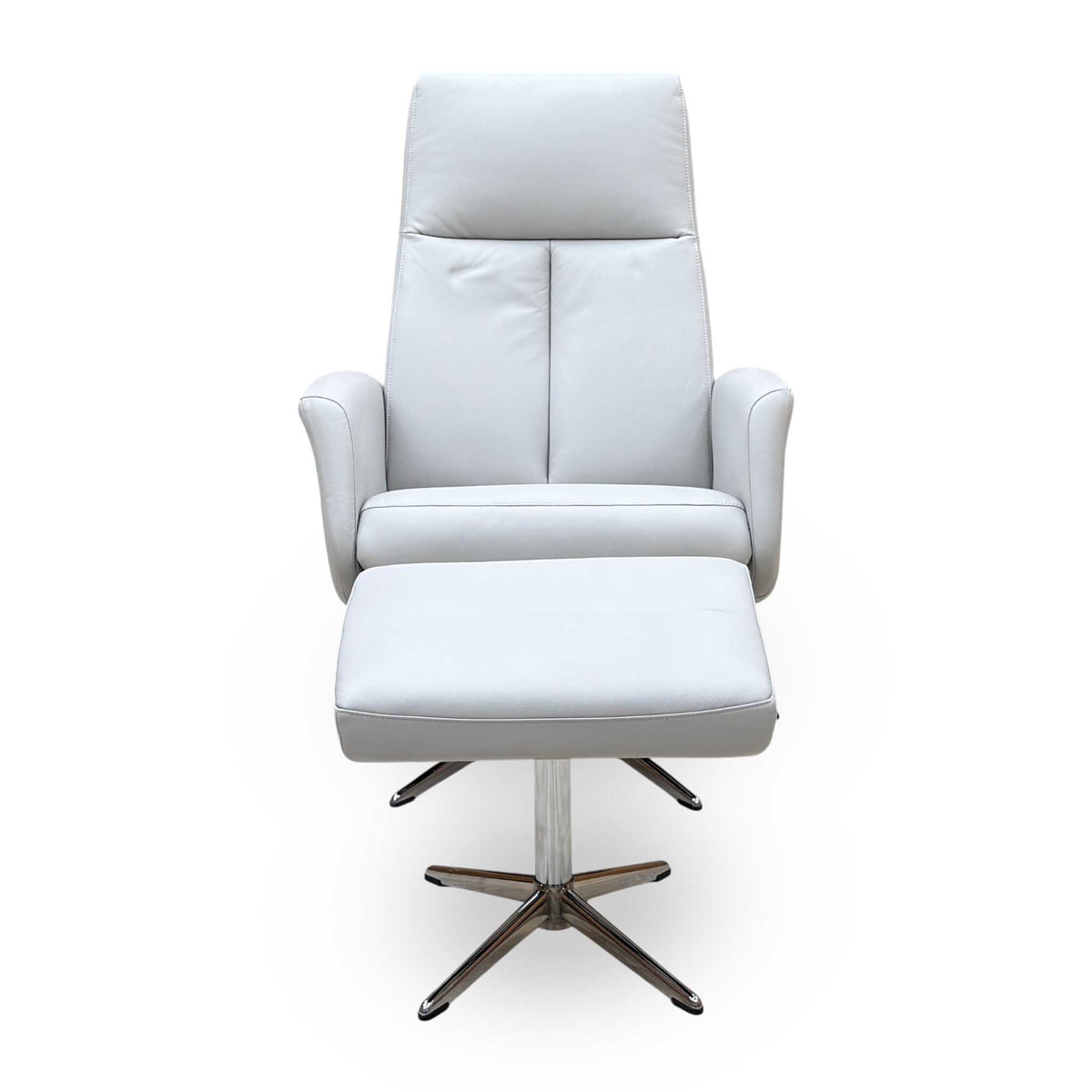 G Plan 'Vaasa' H006 Oxford Light Grey Leather Swivel Recliner Chair and Footstool with Chrome Base