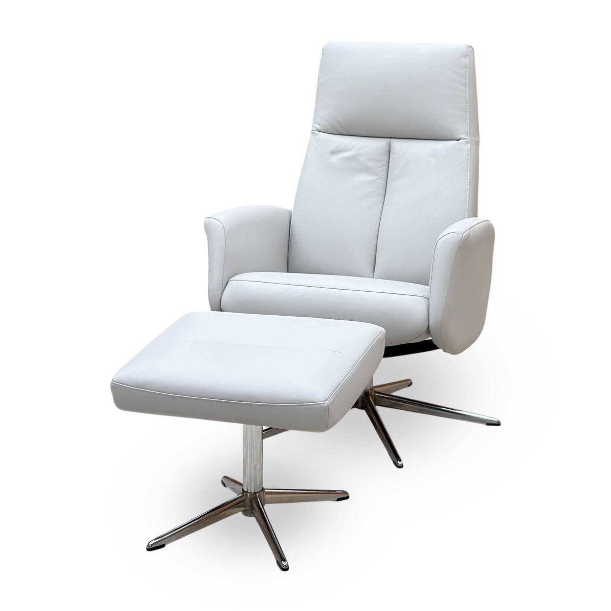 G Plan 'Vaasa' H006 Oxford Light Grey Leather Swivel Recliner Chair and Footstool with Chrome Base