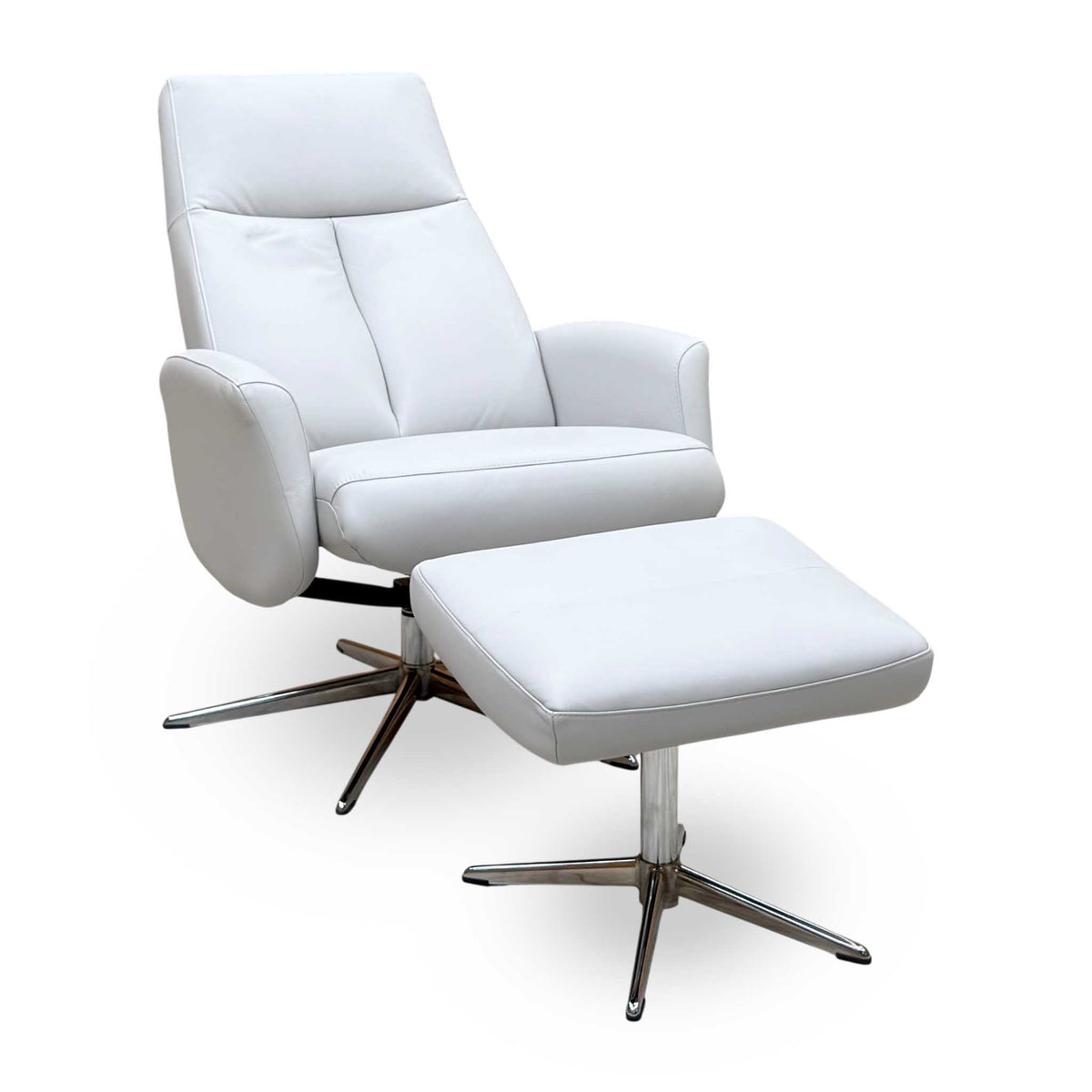 G Plan 'Vaasa' H006 Oxford Light Grey Leather Swivel Recliner Chair and Footstool with Chrome Base