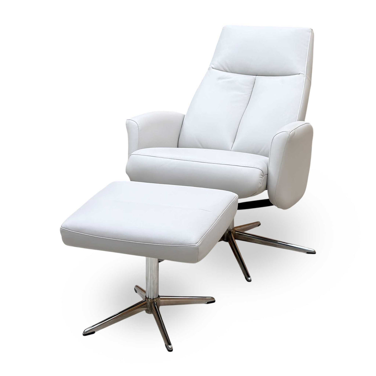 G Plan 'Vaasa' H006 Oxford Light Grey Leather Swivel Recliner Chair and Footstool with Chrome Base