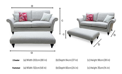Parker Knoll 'Plaza' Fab Contour Smoke May Grey Fabric Large 2 Seater Classic Back Sofa + Banquette Footstool