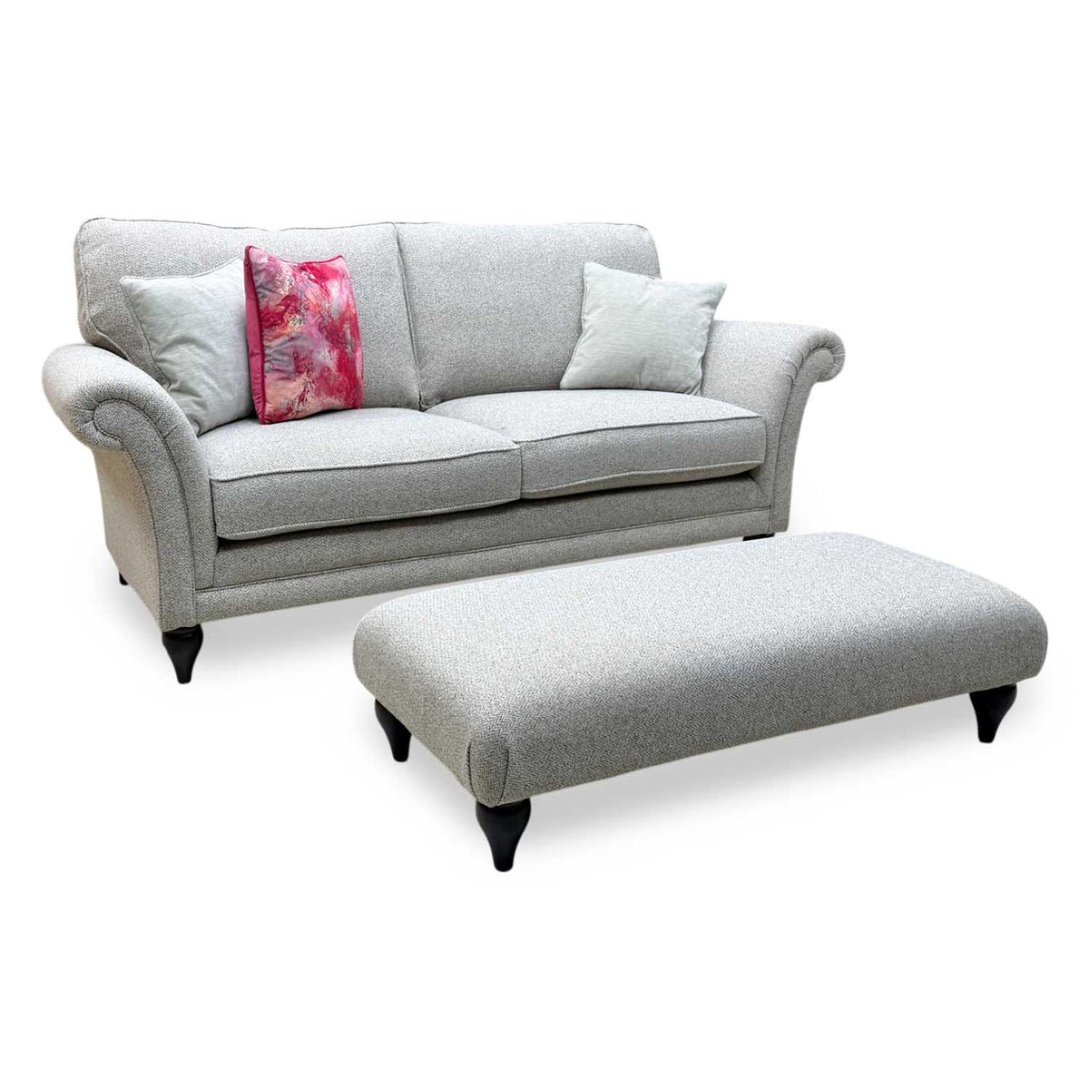 Parker Knoll 'Plaza' Fab Contour Smoke May Grey Fabric Large 2 Seater Classic Back Sofa + Banquette Footstool