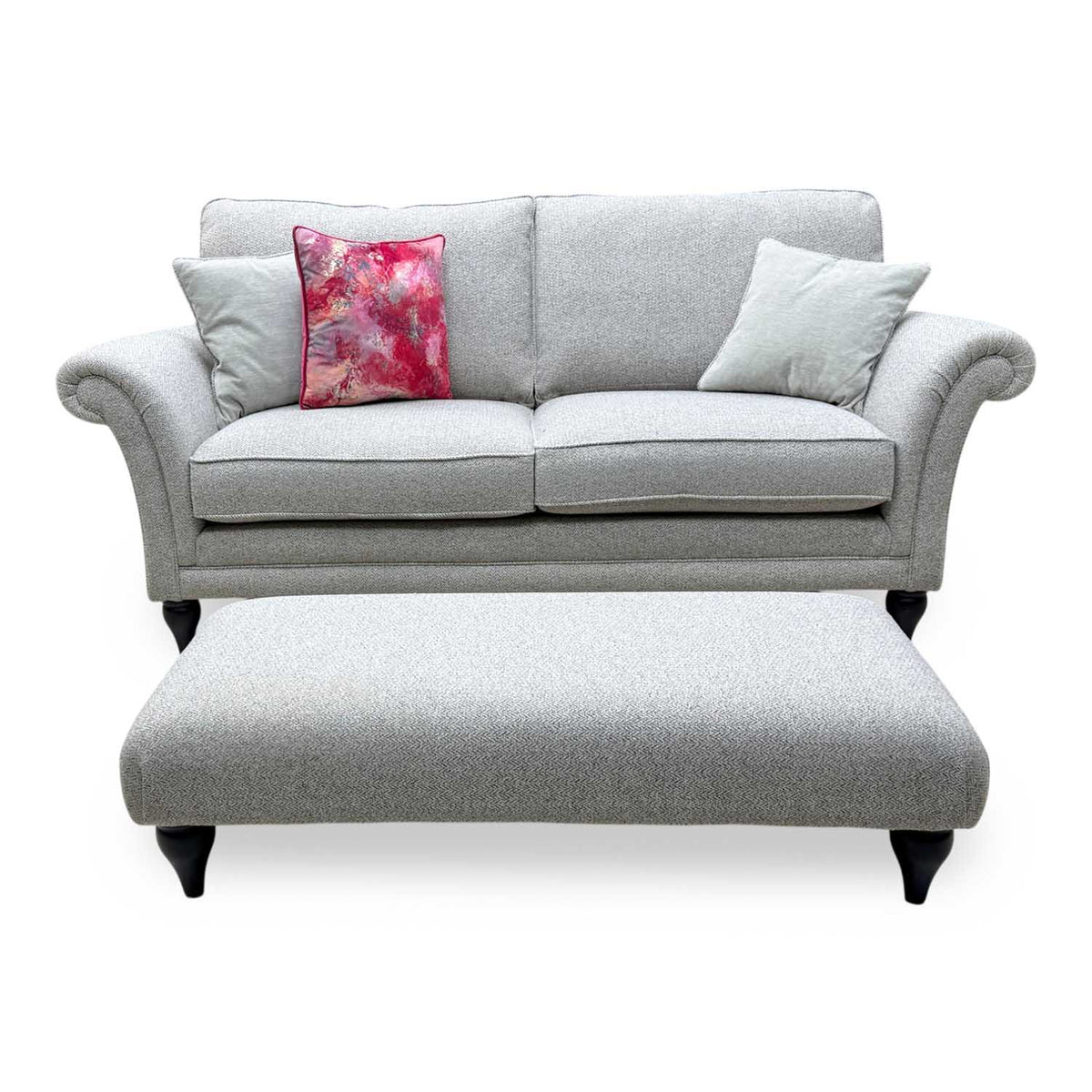 Parker Knoll 'Plaza' Fab Contour Smoke May Grey Fabric Large 2 Seater Classic Back Sofa + Banquette Footstool