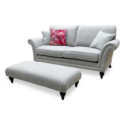 Parker Knoll 'Plaza' Fab Contour Smoke May Grey Fabric Large 2 Seater Classic Back Sofa + Banquette Footstool