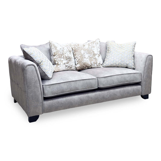 ‘Mariah’ Dapple Silver-Tri Brass Insert Velvet Fabric 3 Seater Scatter Back Sofa