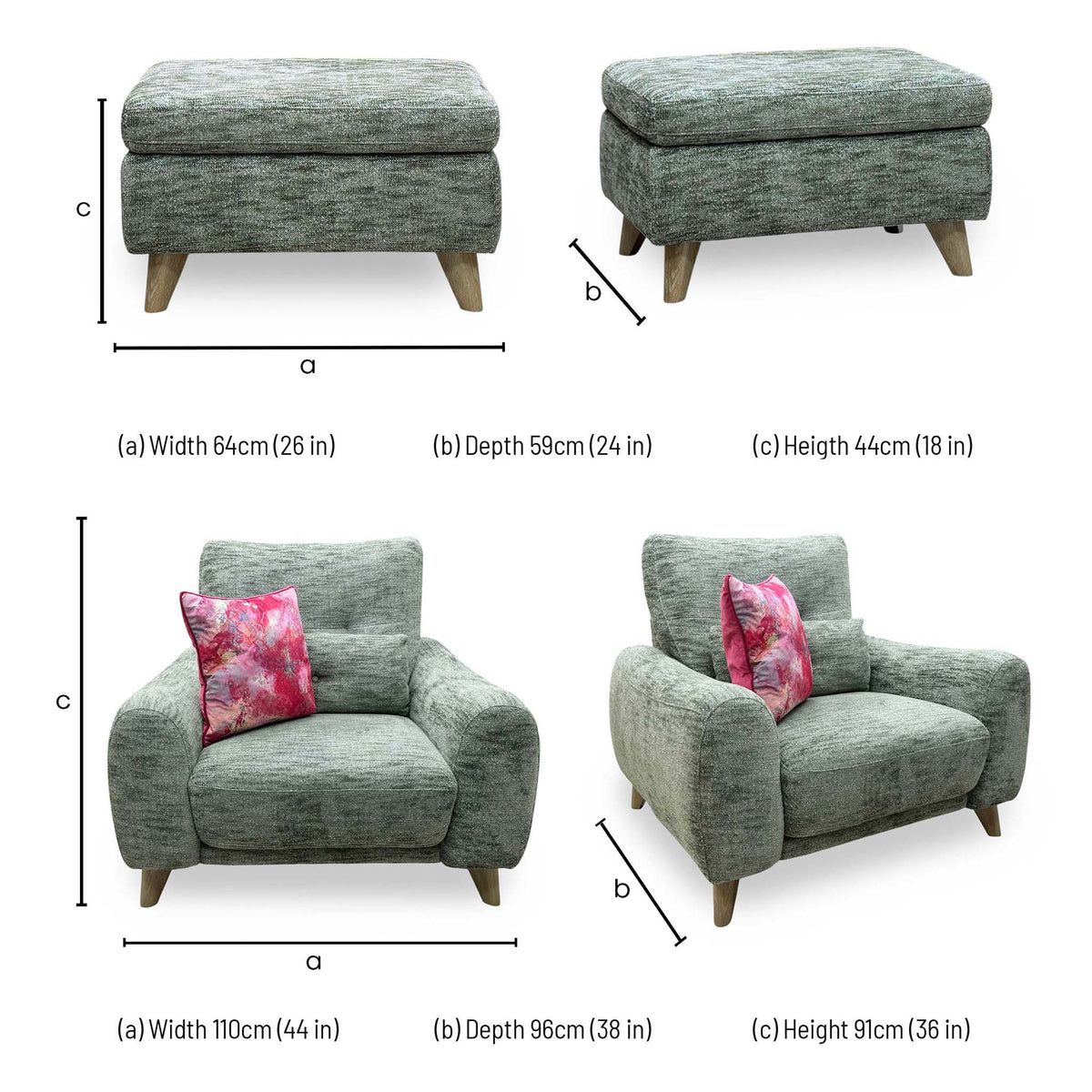 'Malmo' Fab-Mga-R11 Olive Green Fabric Chair + Storage Footstool Set