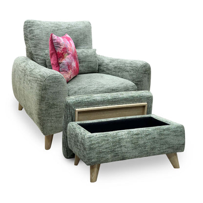 'Malmo' Fab-Mga-R11 Olive Green Fabric Chair + Storage Footstool Set