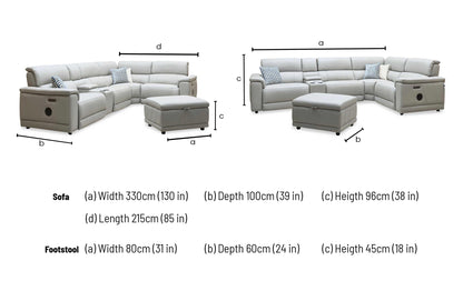'Genius' Oslo Light Grey Leather Power Recliner Small Corner Sofa with Power Headrests, Bluetooth Speakers, Media Console and Large Storage Footstool