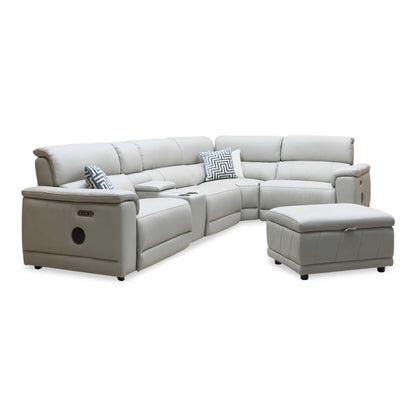 'Genius' Oslo Light Grey Leather Power Recliner Small Corner Sofa with Power Headrests, Bluetooth Speakers, Media Console and Large Storage Footstool