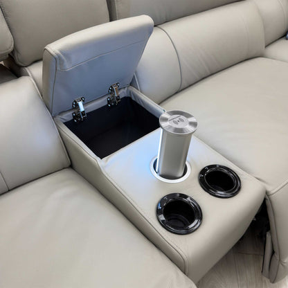 'Genius' Oslo Light Grey Leather Power Recliner Small Corner Sofa with Power Headrests, Bluetooth Speakers, Media Console and Large Storage Footstool