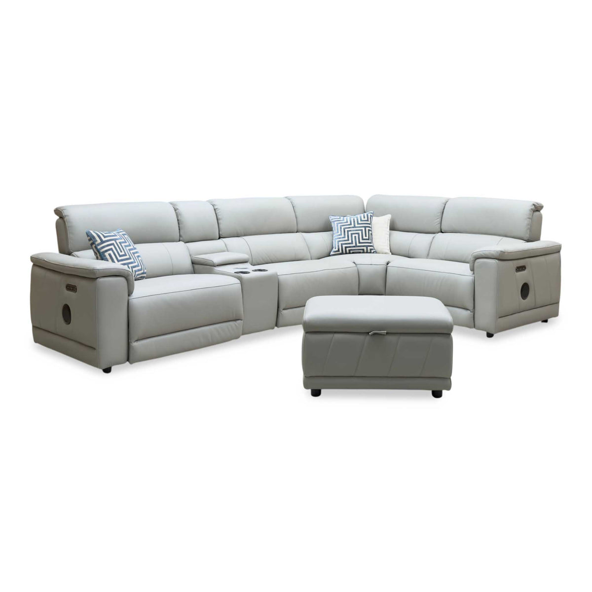 'Genius' Oslo Light Grey Leather Power Recliner Small Corner Sofa with Power Headrests, Bluetooth Speakers, Media Console and Large Storage Footstool