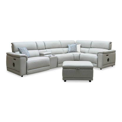 'Genius' Oslo Light Grey Leather Power Recliner Small Corner Sofa with Power Headrests, Bluetooth Speakers, Media Console and Large Storage Footstool