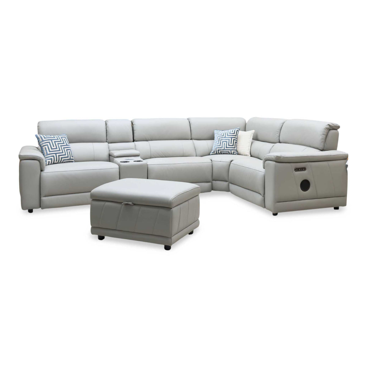 'Genius' Oslo Light Grey Leather Power Recliner Small Corner Sofa with Power Headrests, Bluetooth Speakers, Media Console and Large Storage Footstool