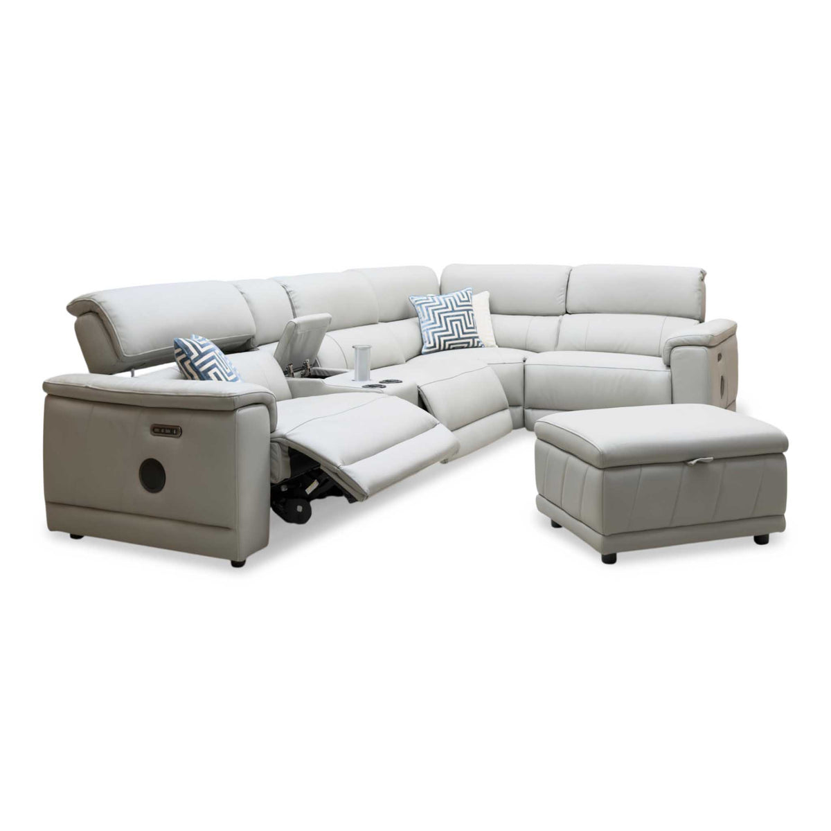 'Genius' Oslo Light Grey Leather Power Recliner Small Corner Sofa with Power Headrests, Bluetooth Speakers, Media Console and Large Storage Footstool