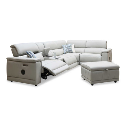 'Genius' Oslo Light Grey Leather Power Recliner Small Corner Sofa with Power Headrests, Bluetooth Speakers, Media Console and Large Storage Footstool