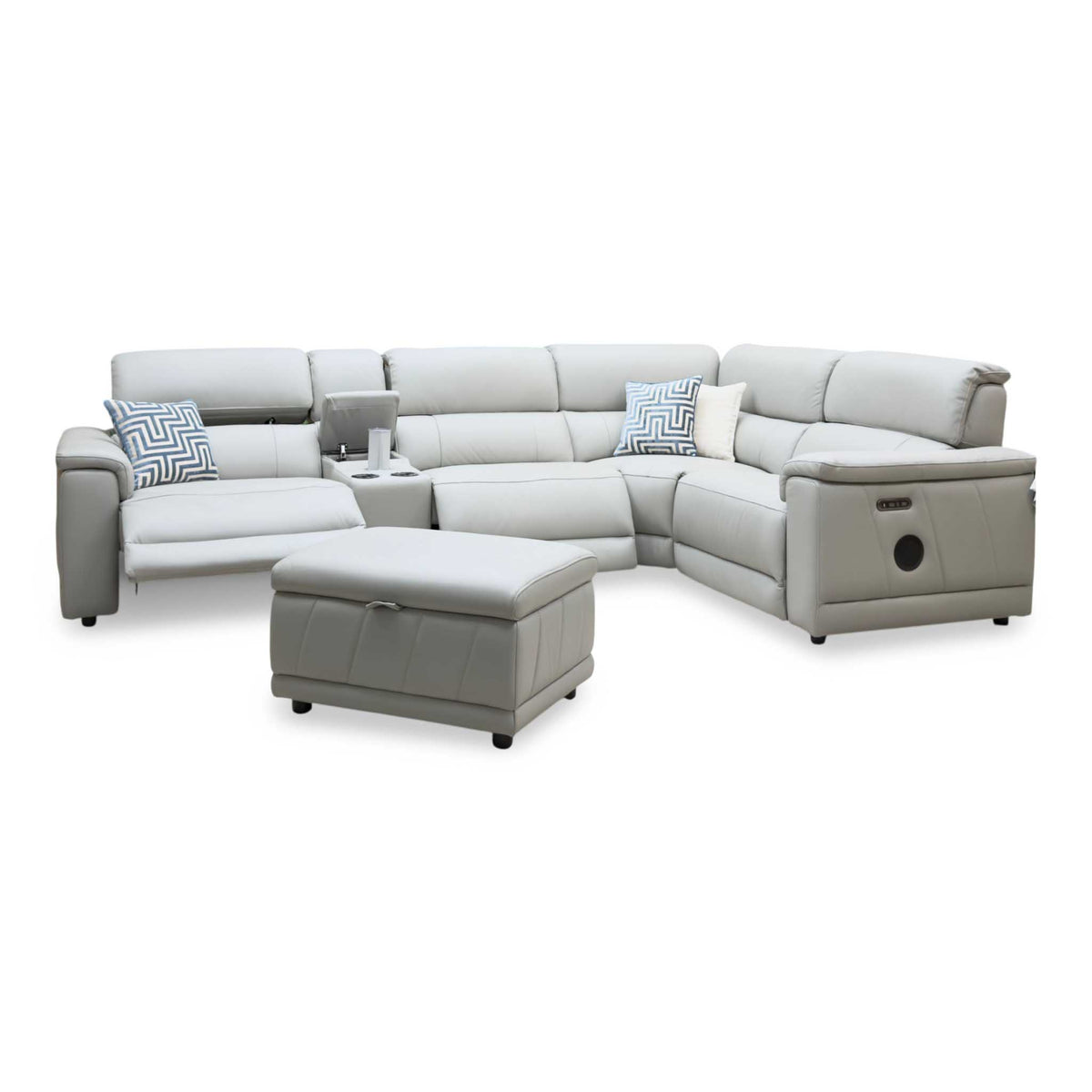 'Genius' Oslo Light Grey Leather Power Recliner Small Corner Sofa with Power Headrests, Bluetooth Speakers, Media Console and Large Storage Footstool