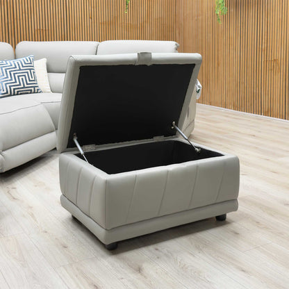 'Genius' Oslo Light Grey Leather Power Recliner Small Corner Sofa with Power Headrests, Bluetooth Speakers, Media Console and Large Storage Footstool