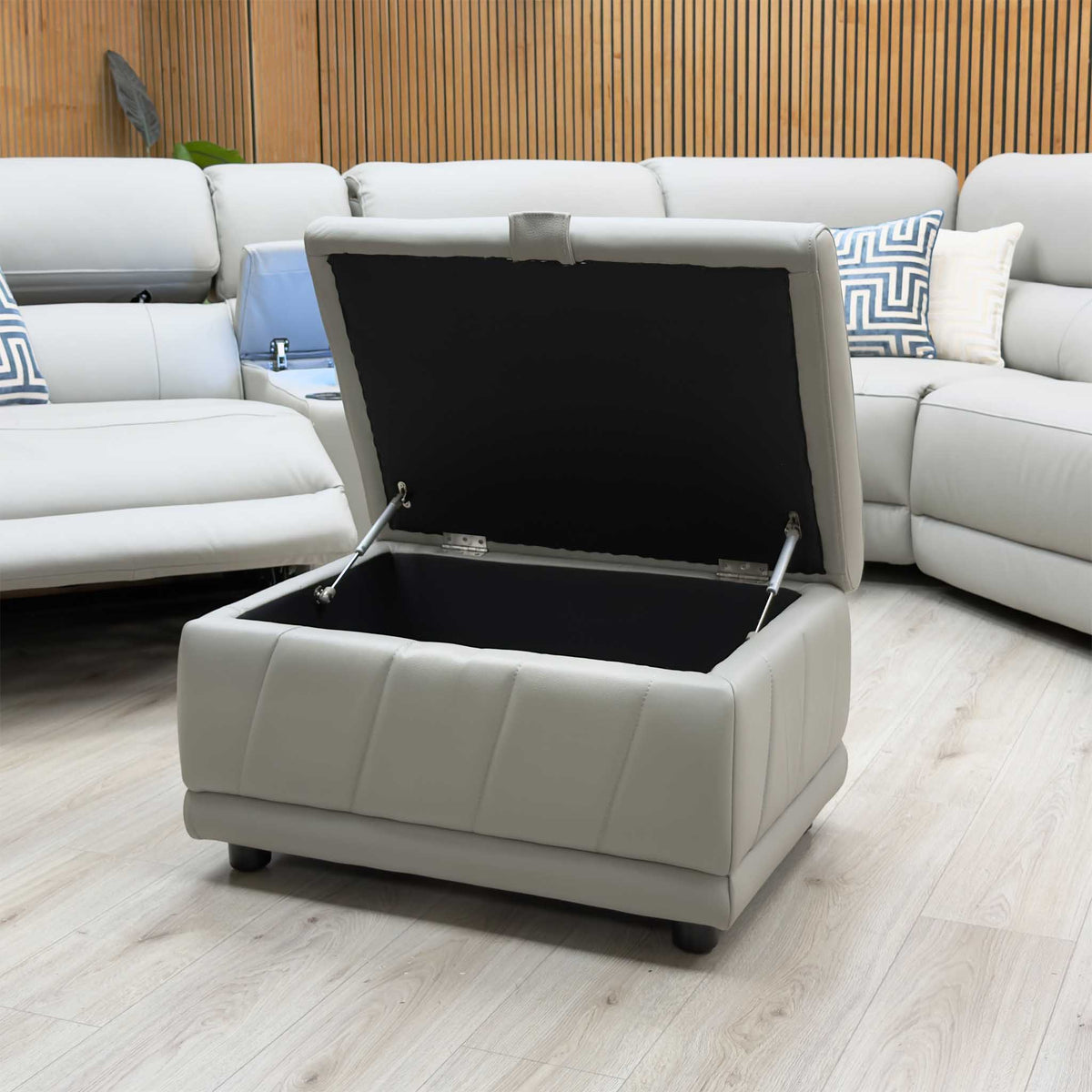 'Genius' Oslo Light Grey Leather Power Recliner Small Corner Sofa with Power Headrests, Bluetooth Speakers, Media Console and Large Storage Footstool