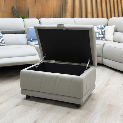 'Genius' Oslo Light Grey Leather Power Recliner Small Corner Sofa with Power Headrests, Bluetooth Speakers, Media Console and Large Storage Footstool