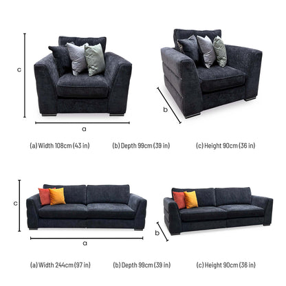 Bellissimo dimensions: armchair width 108cm, depth 99cm, height 90cm; 4 seater sofa width 244cm, depth 99cm, height 90cm