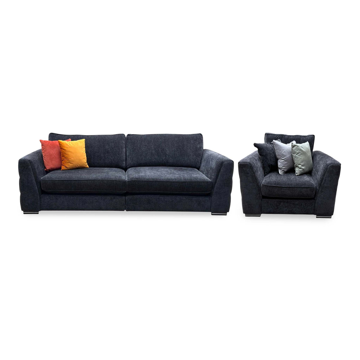 Front view of the Bellissimo mirage black fabric 4 seater split frame sofa and armchair