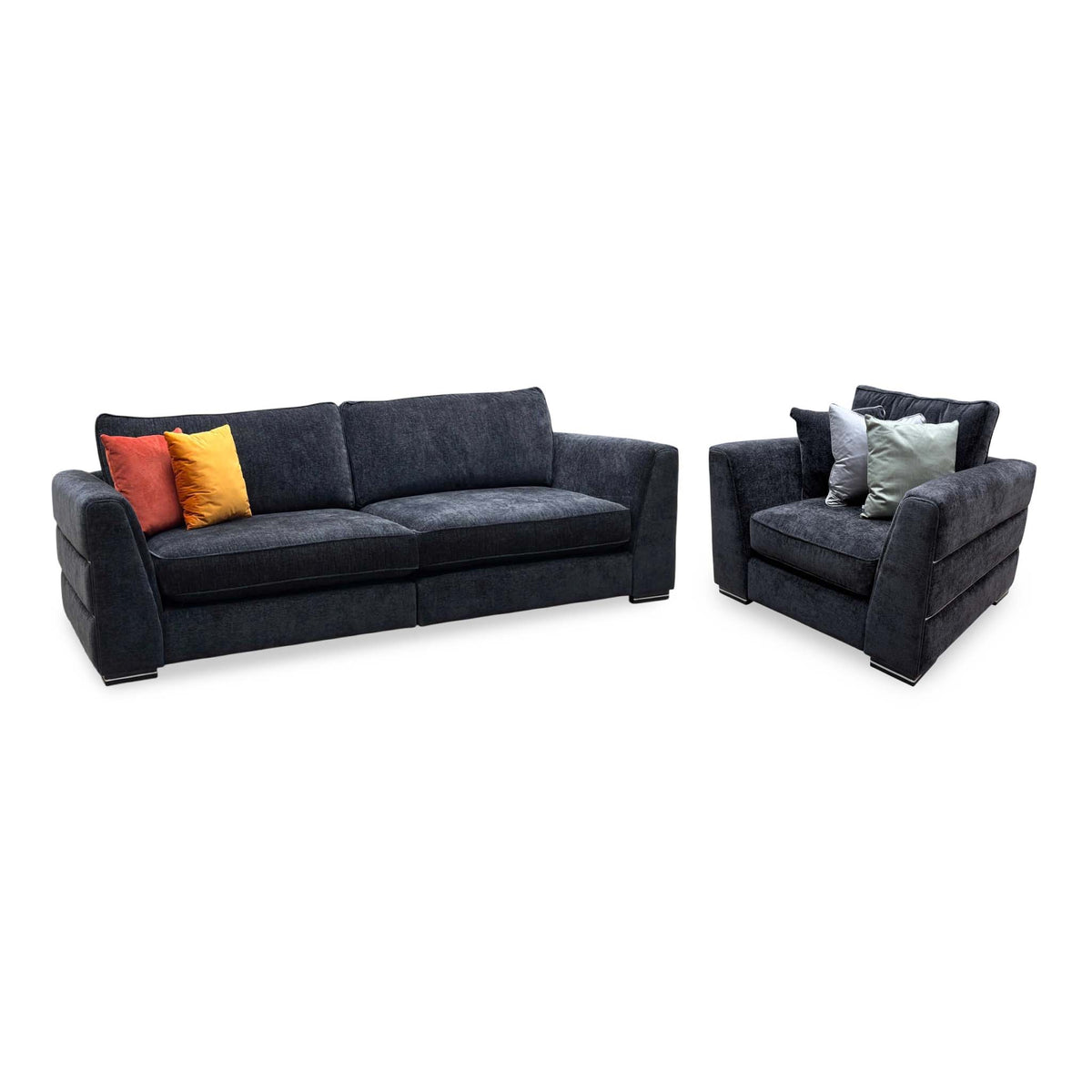 Bellissimo mirage black fabric 4 seater split frame sofa and armchair, angled from the left showing the classic backs