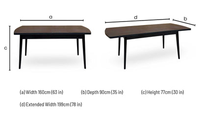 Magda black oak extending dining table dimensions: width 160cm, depth 90cm, height 77cm, extended width 199cm