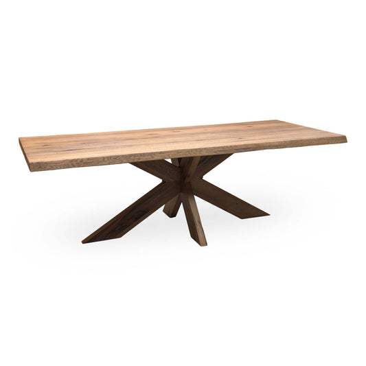 Bodahl Njord Old Bassano solid oak raw edge 240cm dining table with wooden star base, angled cut-out