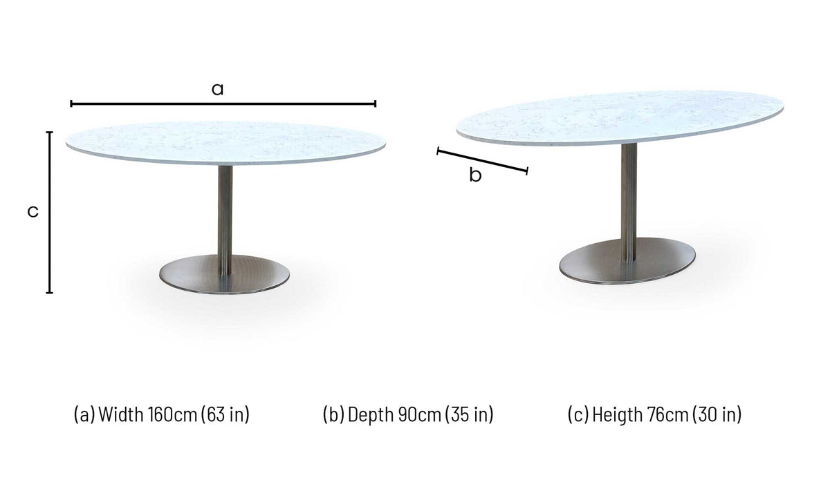 'Helsinki' Bianco Miami Quartz White Real Marble Top 160cm Oval Dining Table