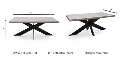 Bodahl ‘Hades’ 8 Vintage Grey Solid Oak Straight Top 180cm Dining Table with Metal Star Base