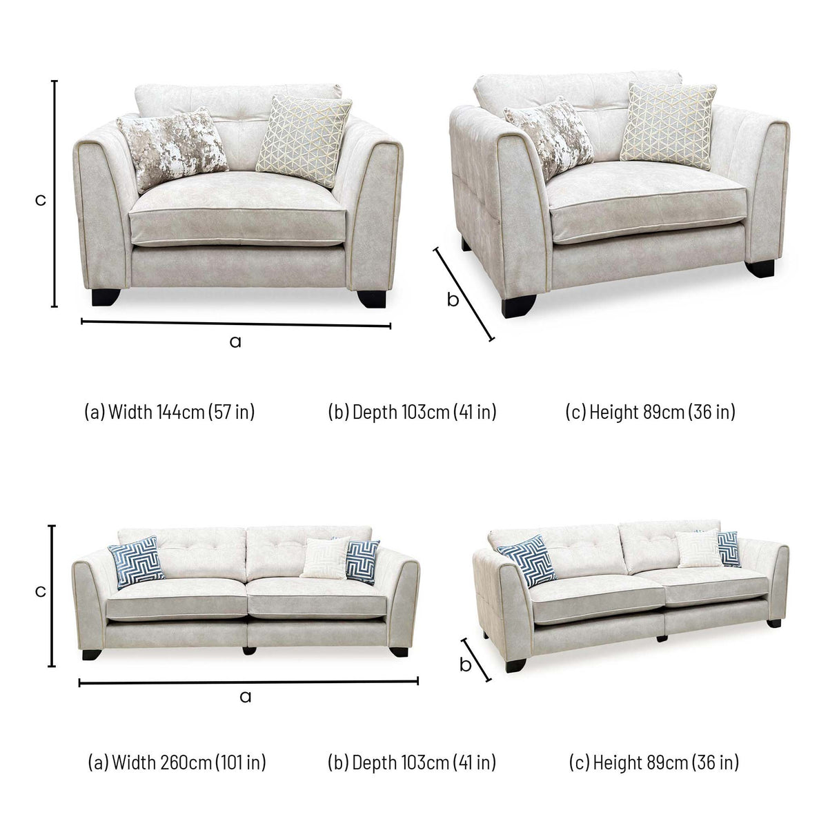 Mariah dimensions: snuggler chair 144cm wide, 4 seater sofa 260cm wide, both 103cm deep and 89cm high