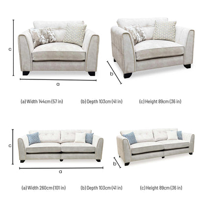 Mariah dimensions: snuggler chair 144cm wide, 4 seater sofa 260cm wide, both 103cm deep and 89cm high