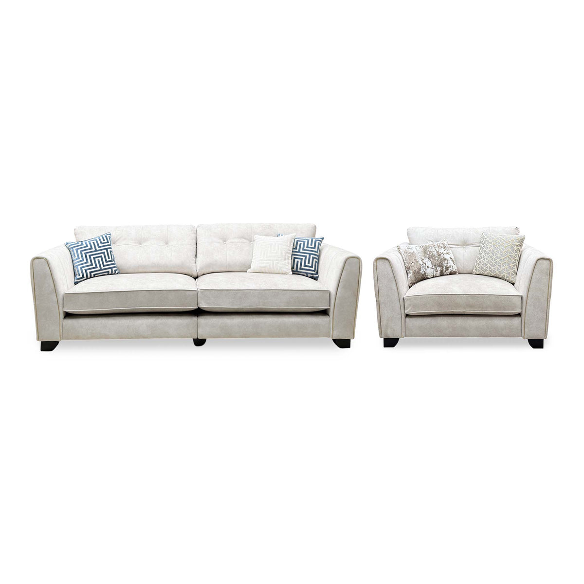 Front view of the Mariah ivory velvet 4 seater split frame sofa with the snuggler chair alongside