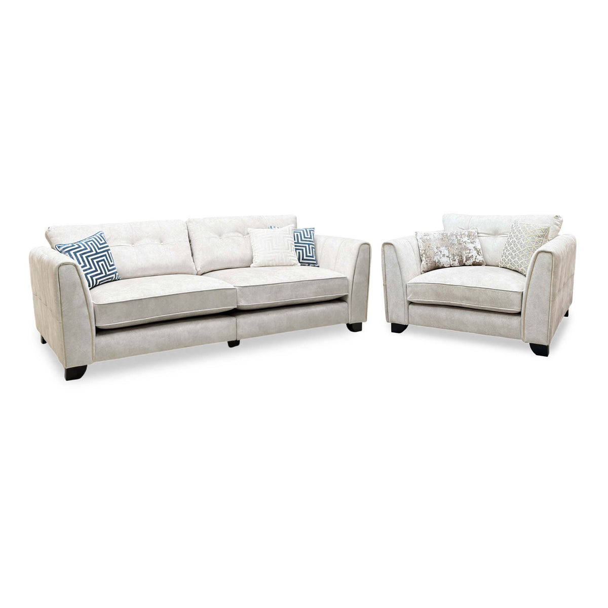 Mariah ivory velvet sofa and snuggler chair set, angled view from the right showing the sloped arms