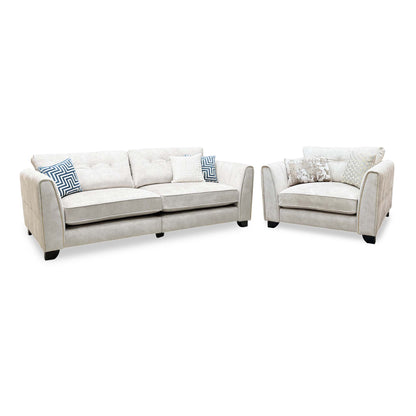 Mariah ivory velvet sofa and snuggler chair set, angled view from the right showing the sloped arms