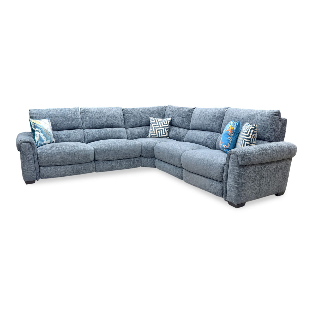 'Nixon' Fab-Coe-R303 Silverish Blue Woven Fabric Large Power Recliner Corner Sofa