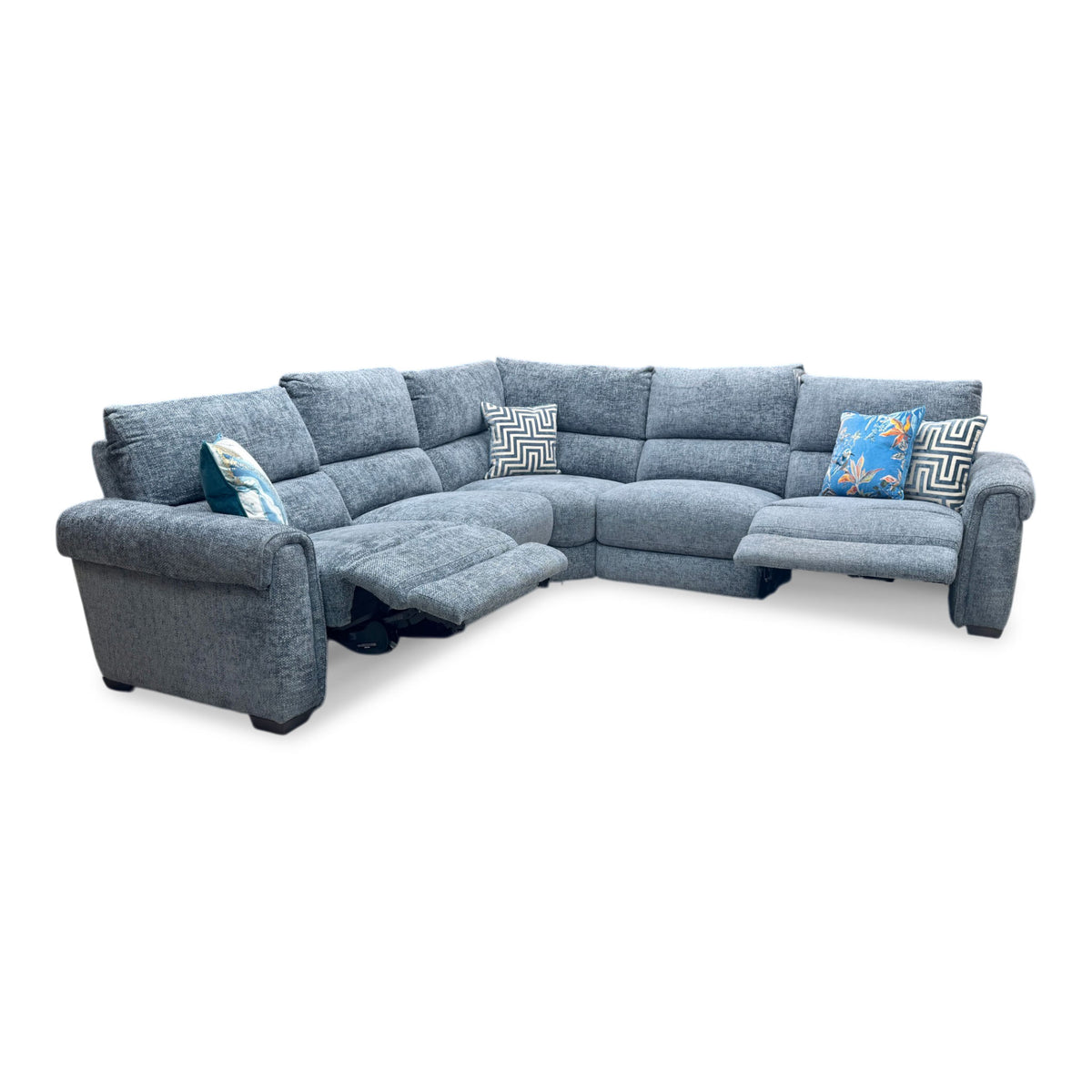 'Nixon' Fab-Coe-R303 Silverish Blue Woven Fabric Large Power Recliner Corner Sofa