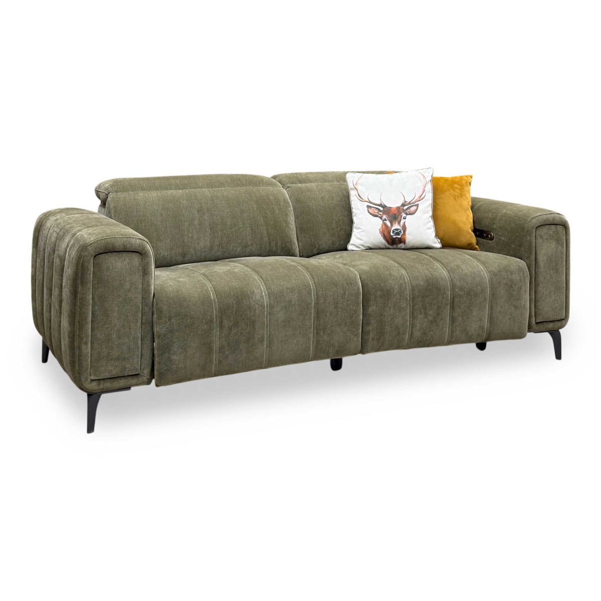 'Elphaba' Manhattan Olive Green Linen Fabric 3 Seater Power Recliner Sofa with Storage Arms