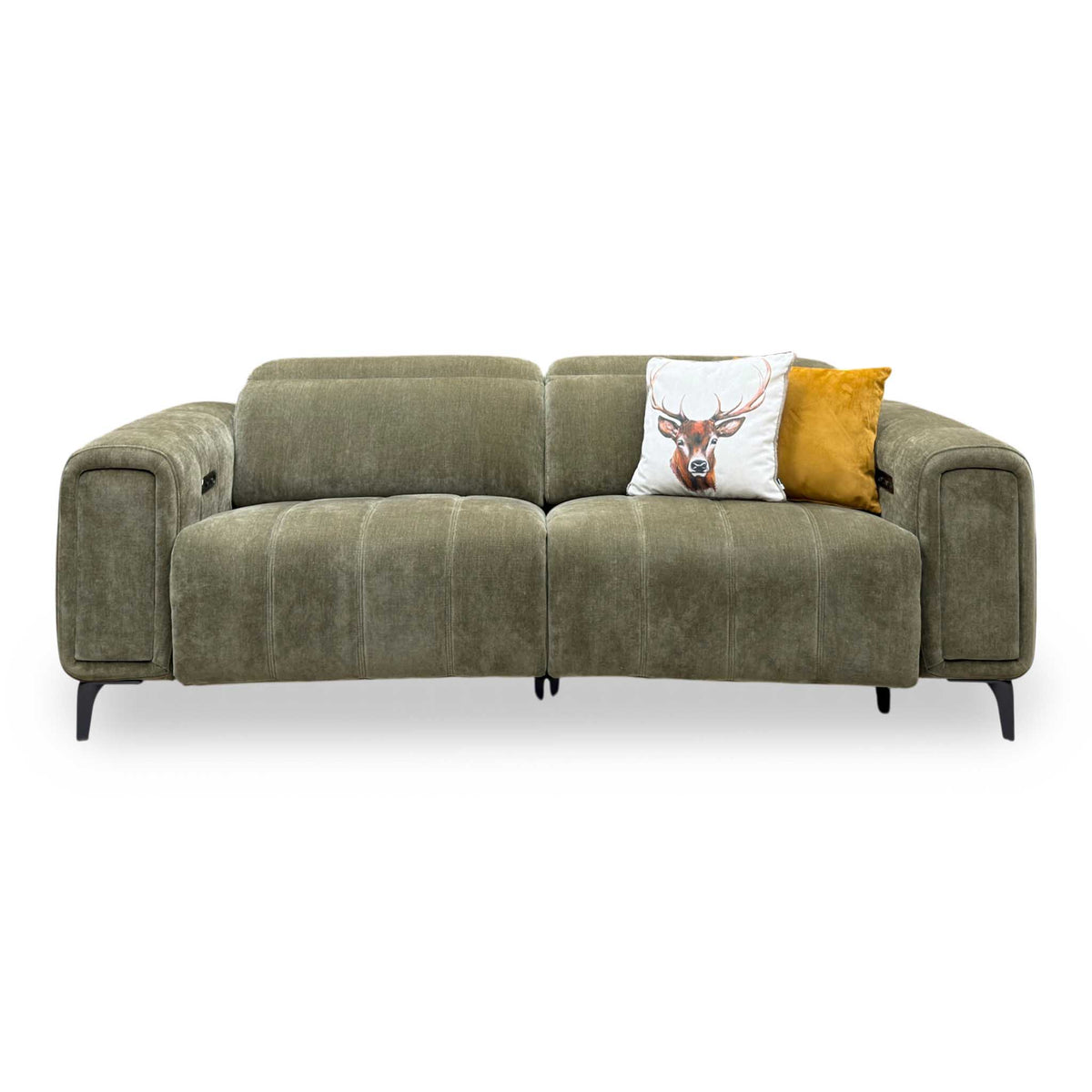 'Elphaba' Manhattan Olive Green Linen Fabric 3 Seater Power Recliner Sofa with Storage Arms