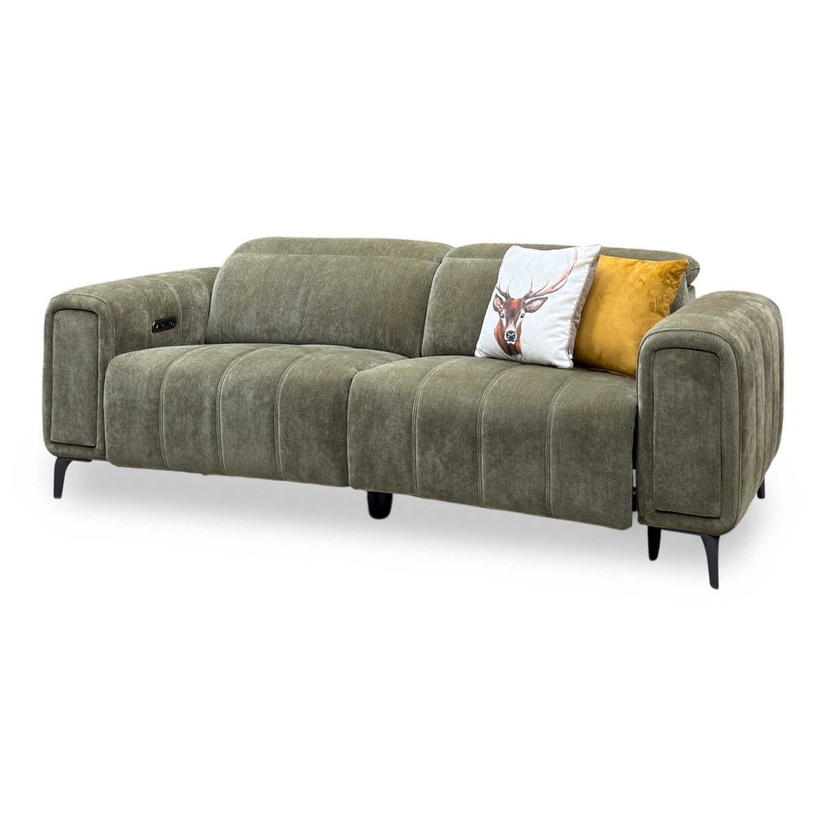 'Elphaba' Manhattan Olive Green Linen Fabric 3 Seater Power Recliner Sofa with Storage Arms