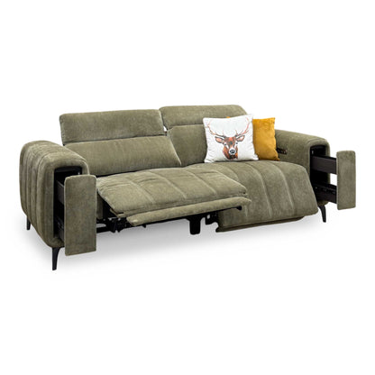 'Elphaba' Manhattan Olive Green Linen Fabric 3 Seater Power Recliner Sofa with Storage Arms