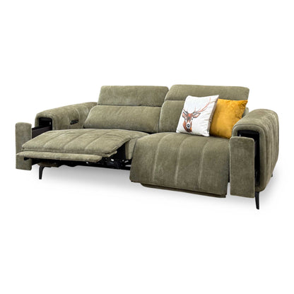 'Elphaba' Manhattan Olive Green Linen Fabric 3 Seater Power Recliner Sofa with Storage Arms