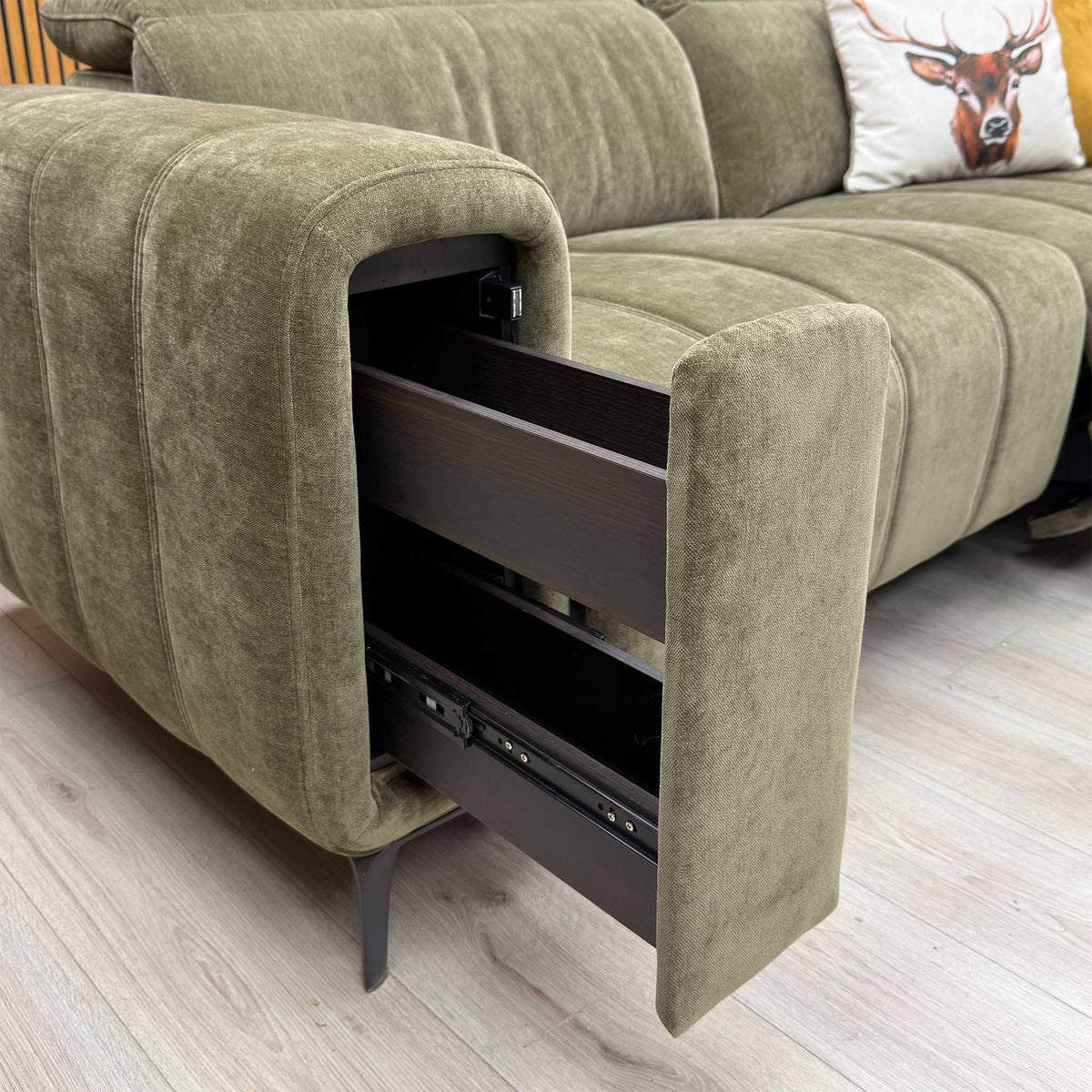 'Elphaba' Manhattan Olive Green Linen Fabric 3 Seater Power Recliner Sofa with Storage Arms