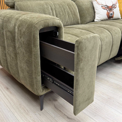 'Elphaba' Manhattan Olive Green Linen Fabric 3 Seater Power Recliner Sofa with Storage Arms