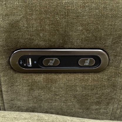 'Elphaba' Manhattan Olive Green Linen Fabric 3 Seater Power Recliner Sofa with Storage Arms