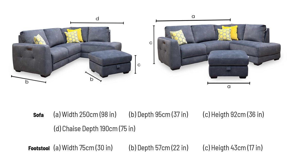 'Dinky’ Dexter Shadow Grey 43519 Velvet Fabric Right Hand Facing Power Recliner Corner Sofa + Large Storage Footstool