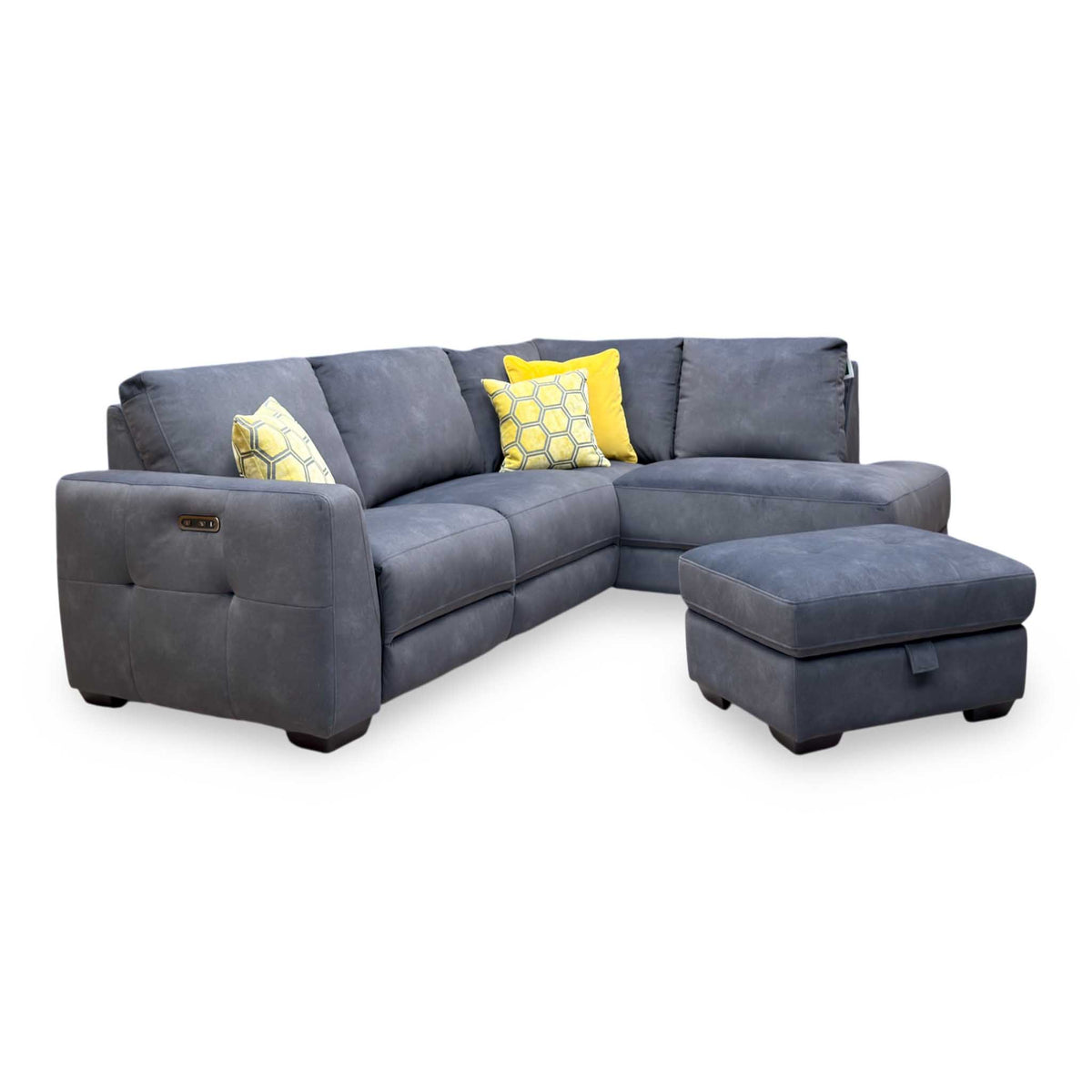 'Dinky’ Dexter Shadow Grey 43519 Velvet Fabric Right Hand Facing Power Recliner Corner Sofa + Large Storage Footstool