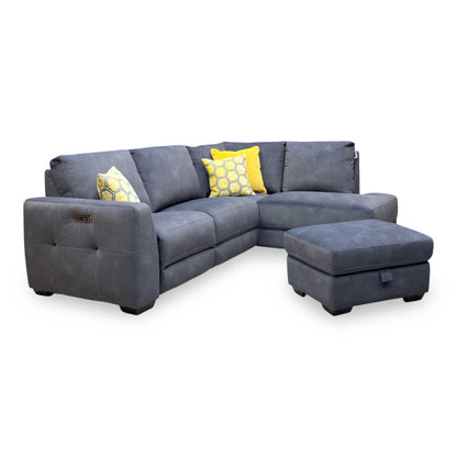'Dinky’ Dexter Shadow Grey 43519 Velvet Fabric Right Hand Facing Power Recliner Corner Sofa + Large Storage Footstool